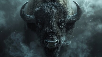 Naklejka premium Bison stands boldly in misty setting during early morning light in a serene natural landscape