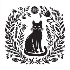 A cat and a plant in an illustrated frame  silhouette vector white background
