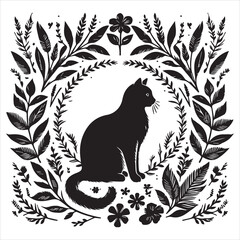 A cat and a plant in an illustrated frame  silhouette vector white background
