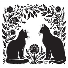 A cat and a plant in an illustrated frame  silhouette vector white background
