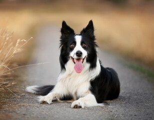 Fototapeta premium Border Collie dog lying on the rural road with tongue sticking out in the countryside