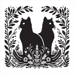 A cat and a plant in an illustrated frame  silhouette vector white background
