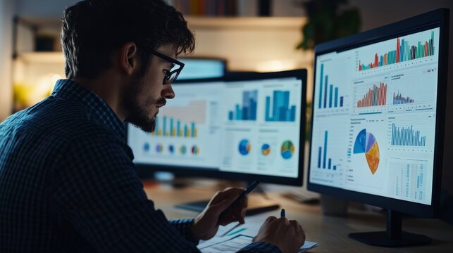 Business Market Research Analyst Reviewing Data with Charts and Graphs in the Professional Office Setting