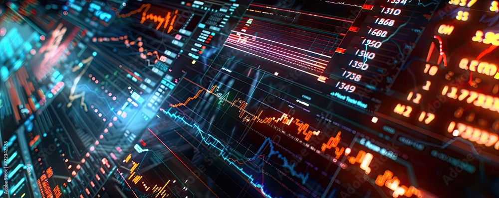 Poster Abstract digital data visualization with vibrant charts and graphs representing financial trends and market analytics.