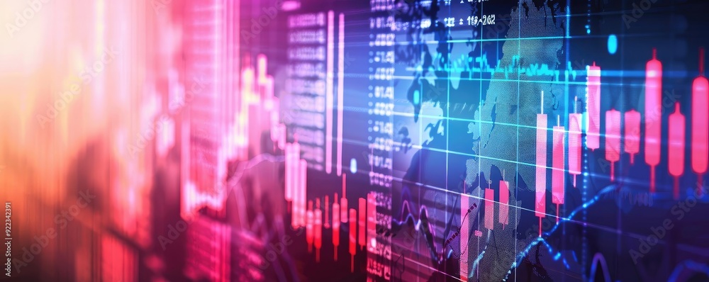 Poster vibrant stock market graphic with colorful candlestick charts and digital data visualization for fin