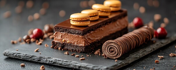 Layered tart with chocolate mousse, topped with macarons and rolled chocolate wafers, presented on a slate board, layered chocolate tart macarons rolls, modern dessert plating