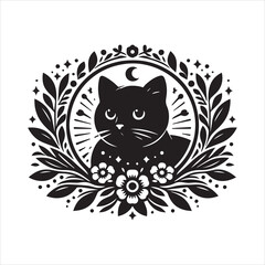 A cat and a plant in an illustrated frame  silhouette vector white background
