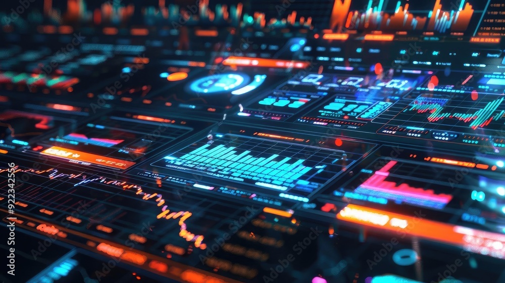 Poster Futuristic digital dashboard with vibrant data visualizations, graphs, and statistics in a technology-driven environment.