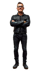 Isolated, transparent, no background, Confident Tattooed Man in Leather Jacket and Glasses with Cool Urban Style