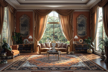 Fototapeta premium A room with rich brown tones, featuring ornate furniture, large arched windows with luxurious drapes, a detailed area rug, and classic decor elements, including framed artwork and traditional lamps.