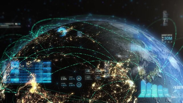 Visual Representation Of Earth Economy, Highlighting Financial Connections Across Asia With Charts, Graphs, And Social Media. The Image Symbolizes Global Economic Networks And Data Exchange.