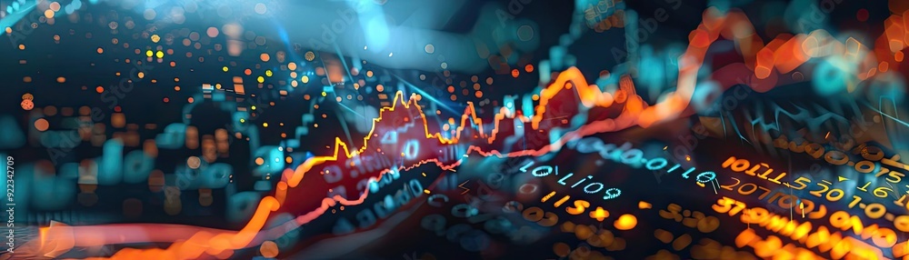 Poster dynamic financial graph depicting data trends, growth, and analysis in a vibrant digital environment