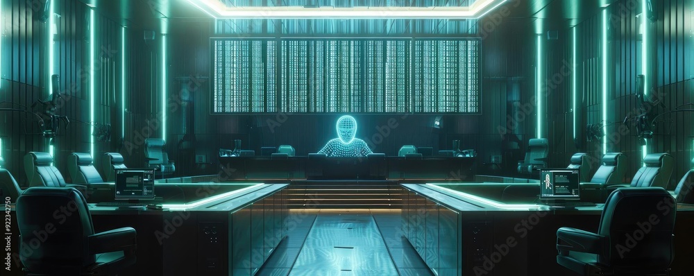 Poster futuristic boardroom with neon lights and digital interface, perfect for showcasing innovation and t