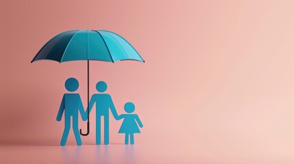 This image depicts a family of three - an adult, a child, and a baby - huddled together under an umbrella. They are standing on a pink background which gives the scene a soft, warm feel.