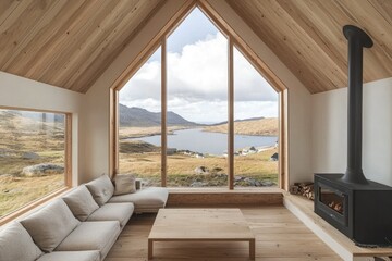 Fototapeta premium A modern living room with large windows showcasing a serene landscape, featuring a cozy sofa and stylish wood stove.