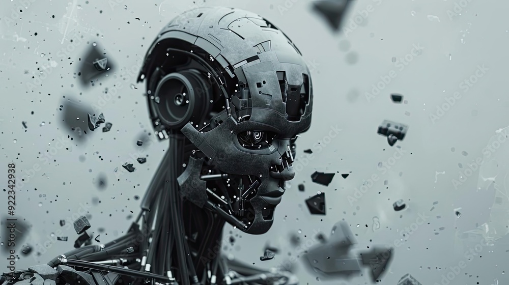 Poster futuristic robotic head amidst shattered fragments, symbolizing technology and artificial intelligen