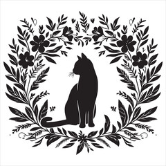 A cat and a plant in an illustrated frame  silhouette vector white background
