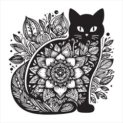 A cat and a plant in an illustrated frame  silhouette vector white background
