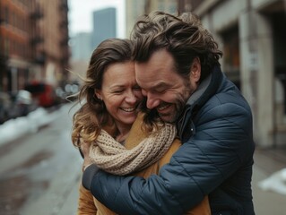 Fototapeta premium A couple embracing each other outdoors. They are wearing winter coats, suggesting the photo was taken during colder weather.