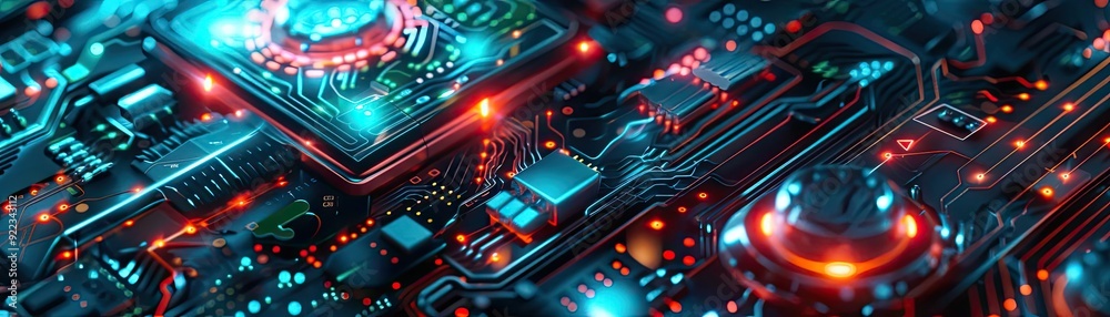 Poster a vibrant close-up view of a futuristic circuit board with glowing lights and intricate details, sho
