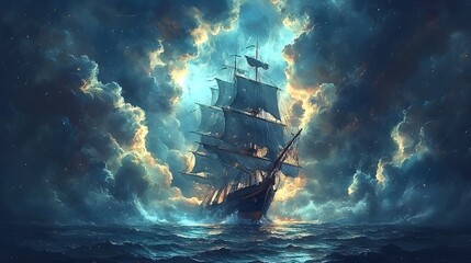 Majestic old sailing ship navigating through stormy seas with dramatic clouds and lighting, capturing the essence of adventure.