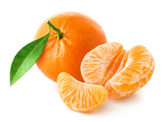 One whole, half and peeled piece of tangerine, mandarin or clementine on white background.