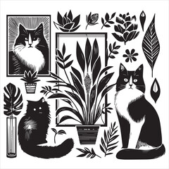 A cat and a plant in an illustrated frame  silhouette vector white background
