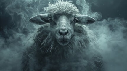 A sheep surrounded by swirling mist in a dark, atmospheric setting at dawn
