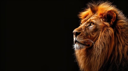 Fototapeta premium Majestic lion posing against a dark background with a focused gaze
