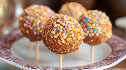 Churro cake pops dipped in chocolate and rolled in crushed jellybeans, served on a decorative plate, churro cake pops jellybeans, whimsical dessert bites