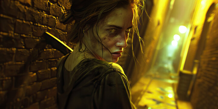 A woman hides a knife behind her back, her expression determined as she walks into a dimly lit alleyway