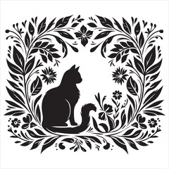 A cat and a plant in an illustrated frame  silhouette vector white background
