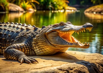 Obraz premium A scaly, ancient predator, a massive alligator or crocodile, lies still with its powerful jaws wide open, basking in the warm midday sun by the serene pond.