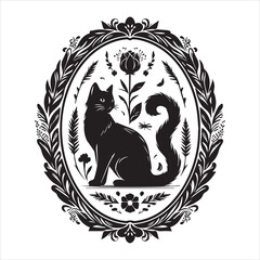 A cat and a plant in an illustrated frame  silhouette vector white background
