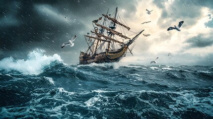 Obraz premium Wooden sailing ship battles stormy seas and turbulent waves under a dramatic sky with seagulls flying overhead.