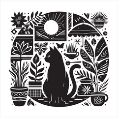 A cat and a plant in an illustrated frame  silhouette vector white background
