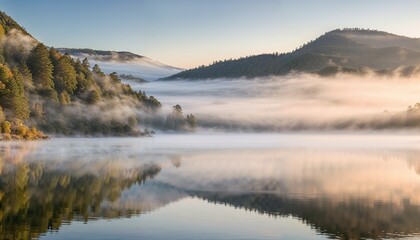 Fototapeta premium A high-resolution photograph of a serene morning lake with mist gently rising from the water, reflecting rolling hills and gentle slopes.