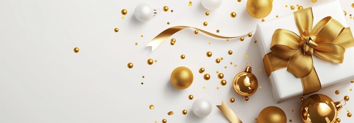 Fototapeta premium White background with a golden ribbon gift box confetti and baubles