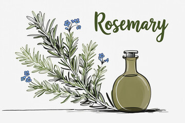 Text "Rosemary" on a white background with an image of a sprig of rosemary and a bottle of oil. AI
