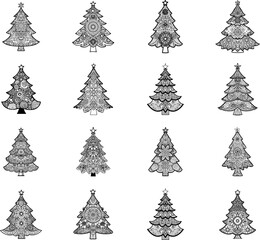 Modern Christmas Mandala Tree Icon Set