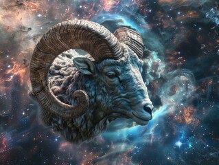 Obraz premium A cosmic ram's head, set against a nebula backdrop. This image combines the ruggedness of a mountain goat with the serene vastness of outer space.