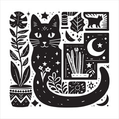A cat and a plant in an illustrated frame  silhouette vector white background

