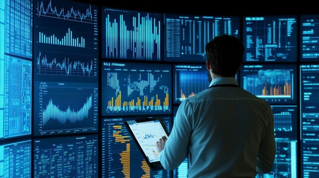 Analyzing Market Trends: Business Researcher Studying Data with Charts and Graphs in Professional Setting