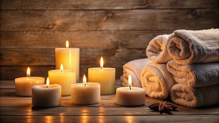 Burning candles surrounded by a pile of neatly folded towels , relaxation, spa, zen, cozy, aroma, calming, tranquil