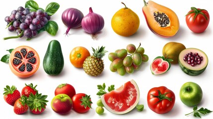 Fresh assorted fruits and vegetables on a white background