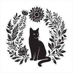 A cat and a plant in an illustrated frame  silhouette vector white background
