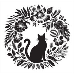 A cat and a plant in an illustrated frame  silhouette vector white background
