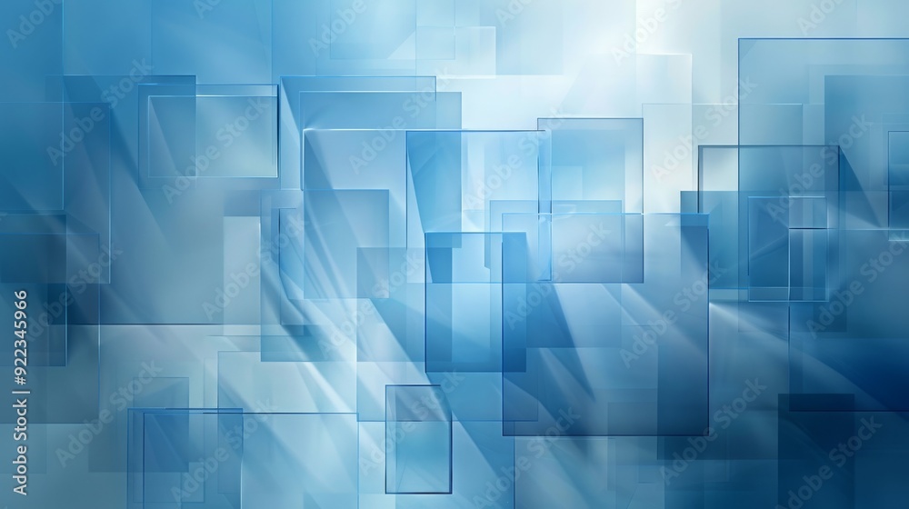 Poster blue gradient background featuring an arrangement of transparent geometric shapes including rounded 