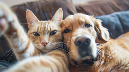 Selfie of a Cat and Dog Hugging