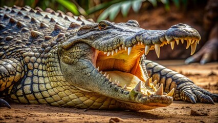 Obraz premium A massive crocodile lies lazily, its enormous jaws opened wide, revealing a powerful row of sharp teeth, poised for a stealthy attack in a natural habitat.